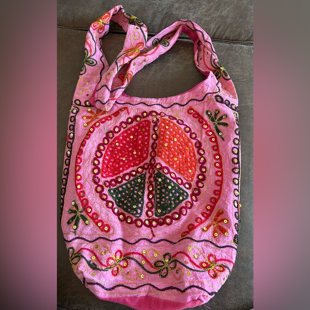 Pink Peace Sign Embroidered Boho / Hippy Tote Bag